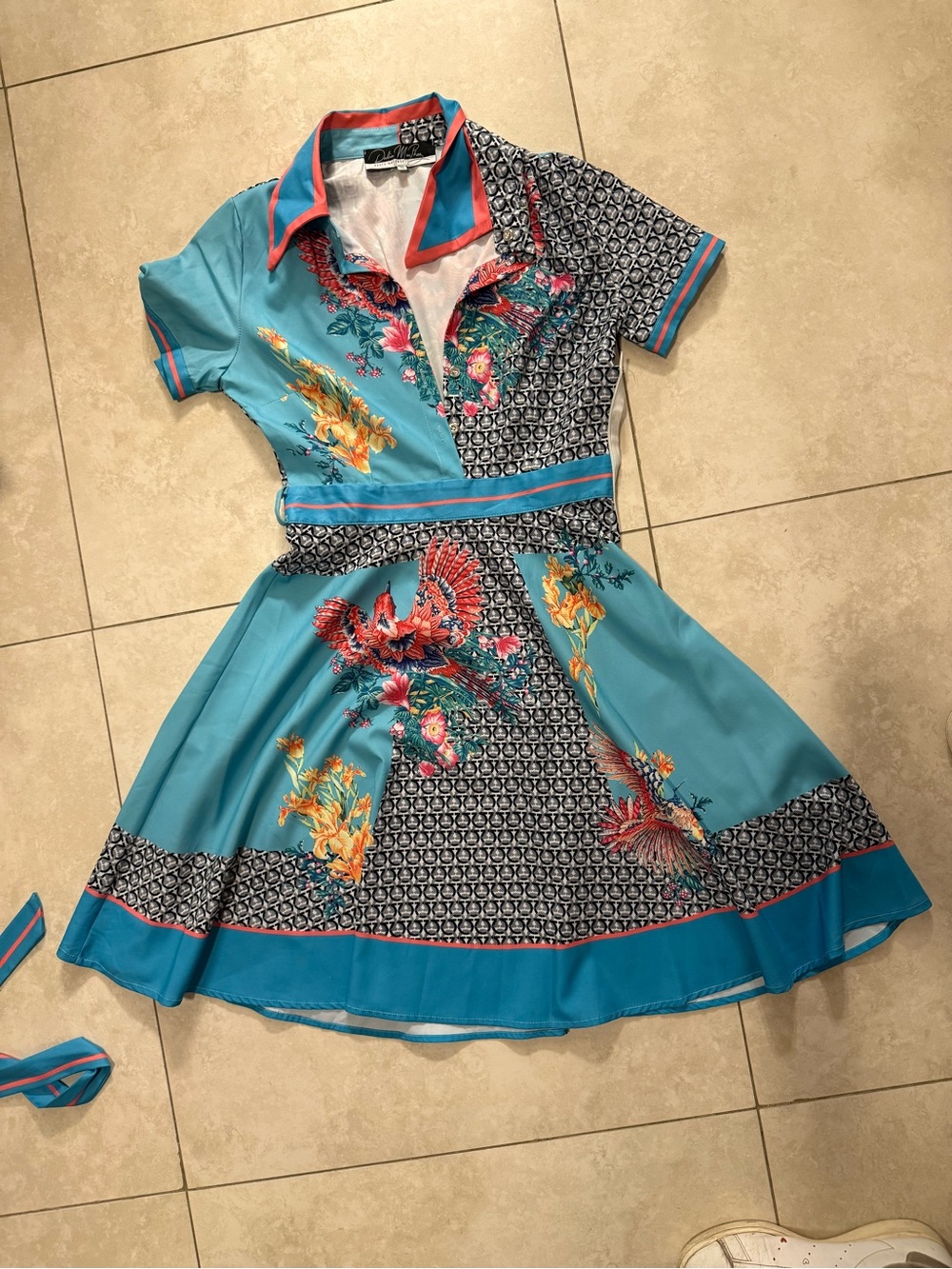 Blue Floral Fit-and-Flare Dress with Collar